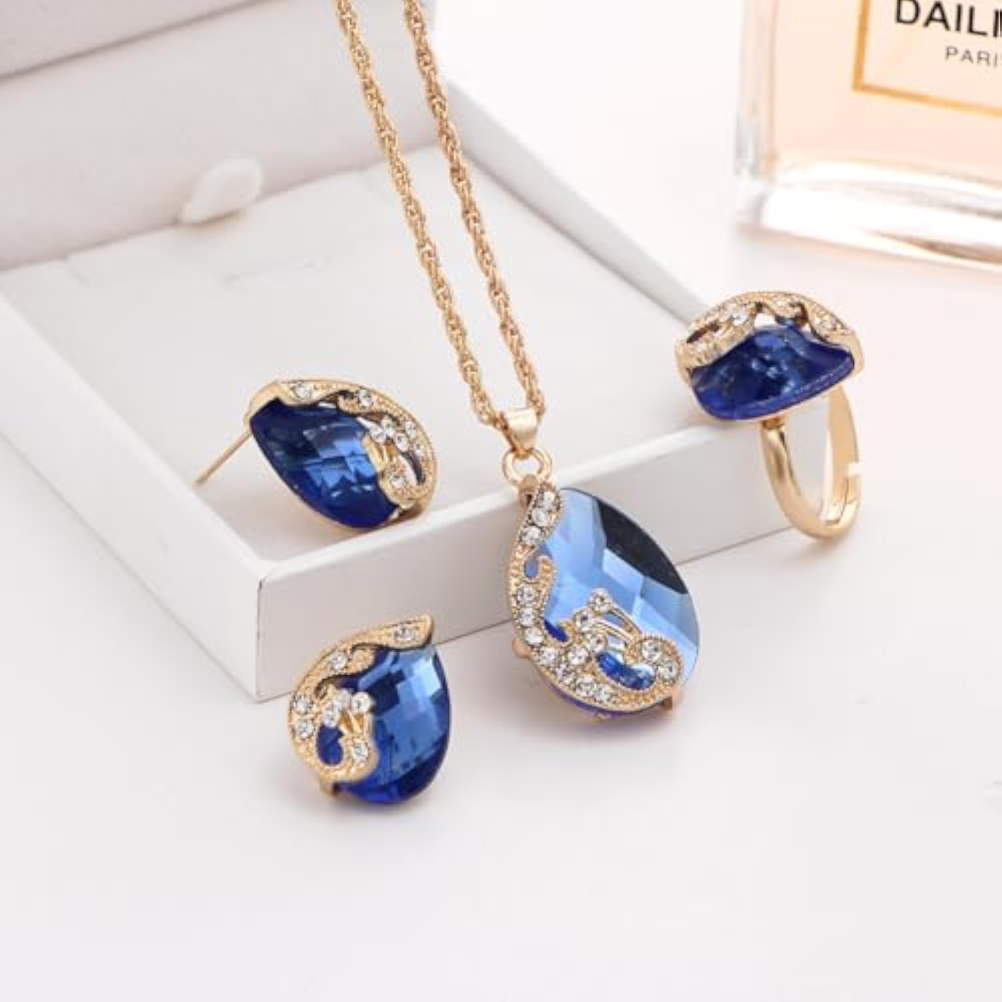 Crystal Ring Earrings Necklace Set