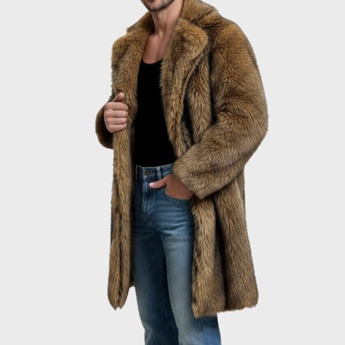 Image of Lisa Colly Mens Faux Fur Coat Jacket Winter Overcoat | Men's Faux Fur Long Jacket, Long Sleeve, Fluffy Warm, Winter Parka Coat