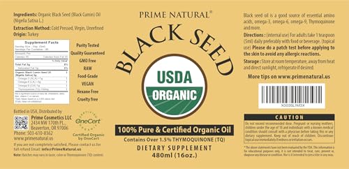 Image of PRIME NATURAL Organic Black Seed Oil 16oz - Cold Pressed Unrefined High Thymoquinone 1.7% USDA Certified - Turkish Origin Potent Nigella Sativa Liquid - Vegan Omega 3 6 9, Antioxidant