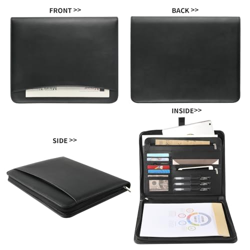 Ringsun PU Leather Portfolio for Men, Leather Padfolio Business Resume Portfolio for A4/Pad, Leather Portfolio Folder Organizer, Black - Thumbnail 3