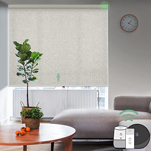 Yoolax Motorized Blinds for Window with Remote, Smart Shades Work with Alexa Google Home 50% Blackout, Automatic Electric Roller Shades Customize Size for Living Room (Linen Beige)