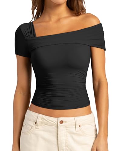 SUUKSESS Women One Off The Shoulder Summer Tank Tops Ruched Short Sleeve Shirts