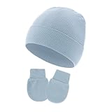 GMBYLBY Gorro transpirable para recién nacidos, gorro fetal suave y cómodo con guantes para bebés de 0 a 1 mes, unisex, transpirable, regalo para bebés, azul celeste, Taille unique