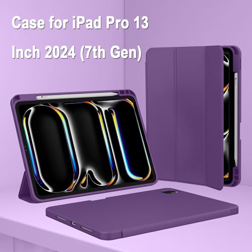 Image of ZryXal New iPad Pro 13 Inch Case (M5) 2025 / (M4) 2024 with Pencil Holder, Smart iPad Case [Support Pencil Pro and Pencil (USB-C)], Support Touch ID and Auto Wake /Sleep (New Dark Purple)