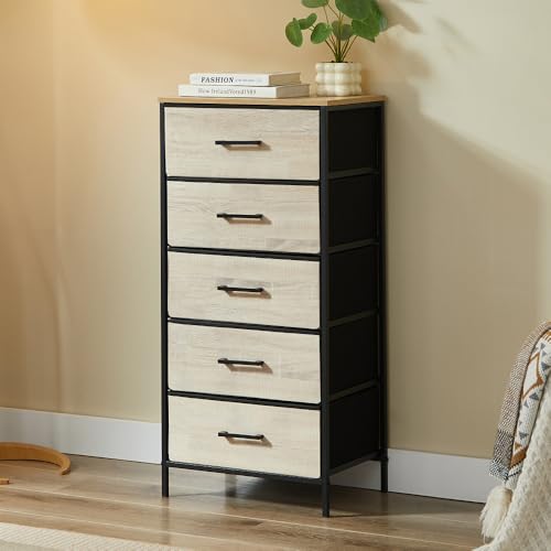 CASABEL cómoda alta y estrecha, 5 cajones de tela rígida, metal negro y tablero, 45x30x94cm, cajonera para dormitorio, salón, recibidor o pasillo, sinfonier funcional y práctico