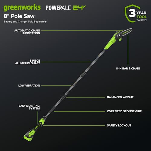 Image of Greenworks 24V 8 in Cordless Electric Pole Saw, Tool Only