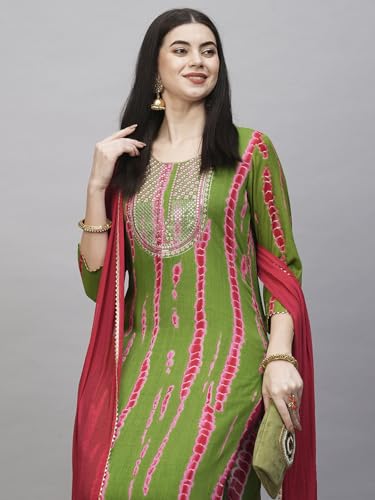 Image of GoSriKi Women's Rayon Blend Straight Printed Kurta with Pant & Dupatta