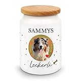 PfotenSchild Große Leckerlidose aus Keramik mit Holzdeckel selbst gestalten - personalisiert mit Foto und Wunschnamen - für Hunde, Katzen und andere Haustiere - tolle Geschenkidee