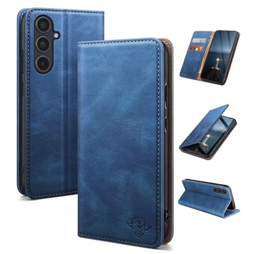 SUANDUCK for Samsung Galaxy A35 mobile phone case magnetic leather flip case with RFID-blocking card compartment adjustable stand and 360 drop protection with Samsung A35 Light Blue