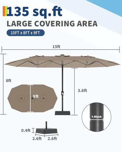 Large Patio Umbrella with Base Included, Double-Sided Rectangle Market Umbrella with Cross Base and Sandbag for Pool Lawn Garden (Tan, 15FT)