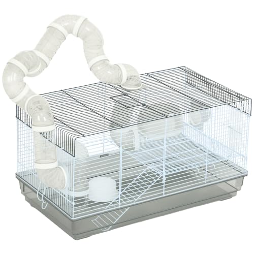 PawHut Hamster Cage, 2 Levels Gerbil Cage, Small Animal Cage for Dwarf Hamster with Tubes and Tunnels, Exercise Wheel, Food Dish, Water Bottle, Ramp, 23" x 13" x 12", Gray