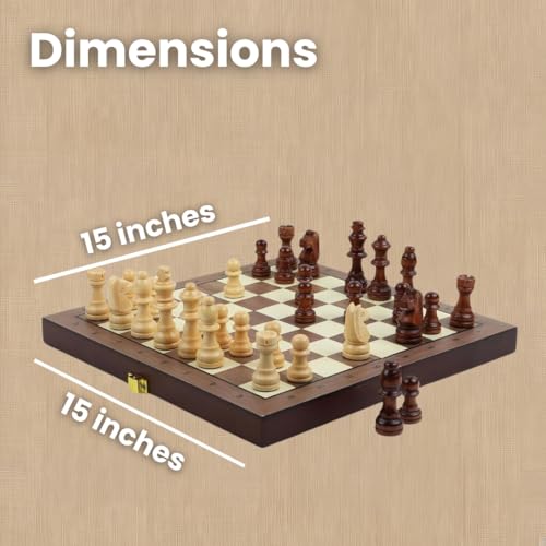 Image of Premium 15-Inch Wooden Folding Chess Set - Handcrafted Board with Storage, Walnut Finish, Includes 32 Chess Pieces - Ideal for Adults & Kids