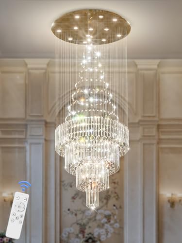 Flashing God D32''X H110'' Large Crystal Chandeliers for High Ceiling Modern Gold Raindrop Chandelier Stairway Chandelier Crystal Flush Mount Ceiling Light for Living Room Staircaes Foyer