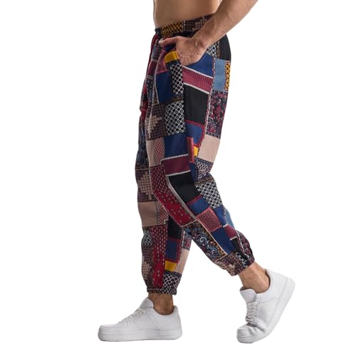 MakingDa Herren-Jogginghose aus Baumwolle mit elastischem Bund, Paisley bedruckter, Hippie-Stil Weite Beinhose, Lockere Passform, bequem für Strand, Spazierengehen, Laufen und Joggen-JK62-1-M