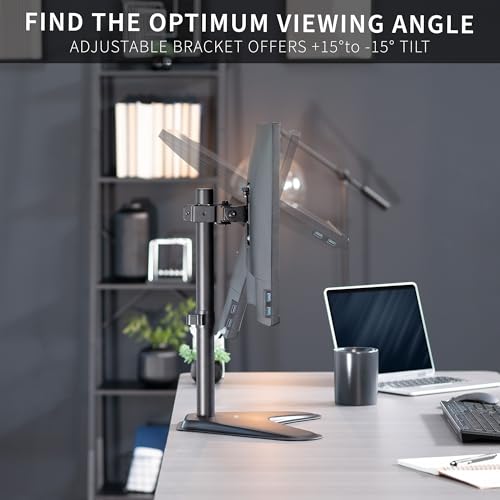 Image of VIVO Single Monitor Desk Stand, Holds Screens up to 32 inch Regular and 38 inch Ultrawide, Freestanding VESA Steel Mount Base, Adjustable Height, Tilt, Swivel, Rotation, Black, STAND-V001H