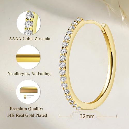 Rhinestone Hoop Earrings，14K Gold Plated Thin Cubic Zirconia Hoops，Sparkling Hoops, Lightweight & Effortlessly Chic, Trendy Jewelry Hoop Earrings for Women (CZ Hoop 32mm)4