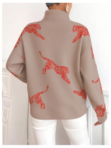 Image of WDIRARA Women's Leopard Tiger Print Sweater High Neck Long Sleeve Fuzzy Knitted Pullover Top