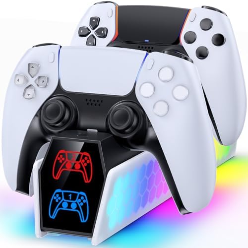 PS5 Controller Charger, KDD PS5 Charging Station Compatible with DualSense & Edge Controllers, PS5 Charger with RGB Light & LED Indicator