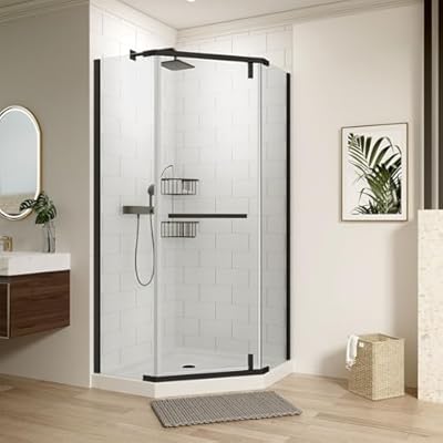 AMZOSS Neo-Angle Corner Shower Sliding Door, 34.75-35.65" W x 72" H Frameless Shower Door with 1/4" (6mm) Clear Tempered Glass, Explosion-Proof Film, Stainless Steel Hardware,Matte Black