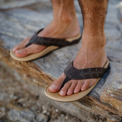 OluKai Tuahine Palm Men's Waterproof Full-Grain Leather Flip Flops, Arch Support Beach Sandals, Wet Grip Outsole for All-Day Comfort, Dk Java/Golden Sand, 10 - image 2