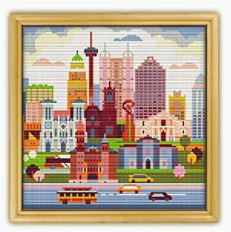 San Antonio USA CS099-1 - Counted Cross Stitch KIT#2. Set of Threads, Needles, AIDA Fabric, Needle Threader, Embroidery Clippers and Printed Color Pattern Inside.