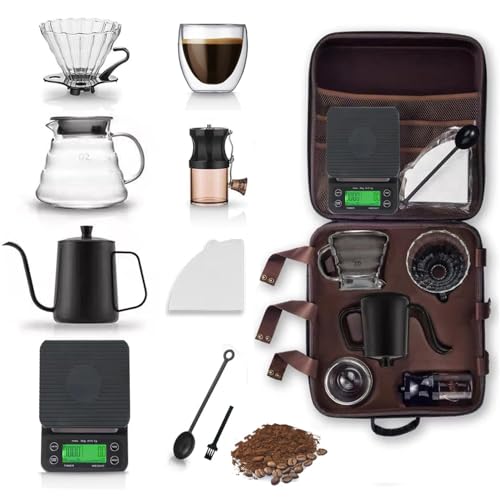 V60 Pour Over Coffee Maker Tool Set Pour Over coffee Maker Bean Grinder Includes Coffee Scale Glass Dripper Hand Mill pour Pot Paper Filter and Double Mugs for Camping and Travelling (Sets 1)