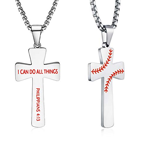 Baseball Cross Necklace Bracelets I CAN DO All Things Strength Bible Verse Stainless Steel Pendant Jewelry Gifts for Kids Boys Son Men3