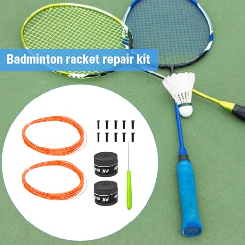 Image of Proberos Badminton Racket Strings Set, for 2 Rackets, Replacement String Repair Kit with Accessories & Tools, Nylon Fiber Strings, 0.78mm, Tension 26lbs, 10m Long Per Roll - Orange