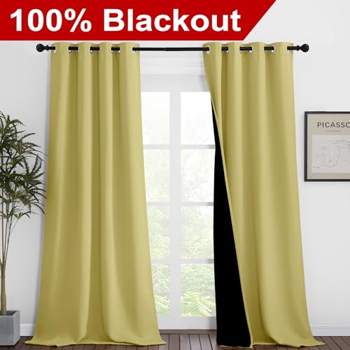Image of NICETOWN 100% Blackout Blinds, Set of 2, 46 inches x 102 inches, Laundry Room Decor Window Treatment Curtains for Large Patio Sliding Door, Thermal Insulated Paler Yellow Curtains for Bedroom