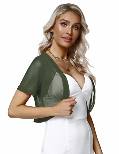 Aiboria Women Shrug Open Front Mesh Cropped Bolero Short Sleeve Sheer Cardigan Dark Green S-XXXL