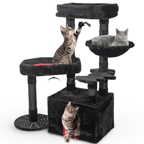 BULICADO Árbol gótico para gatos con cama de ataúd, torre negra para gatos con poste rascador, decoración de Halloween, condominio único para gatos grandes con bola colgante de araña, regalos de bruja