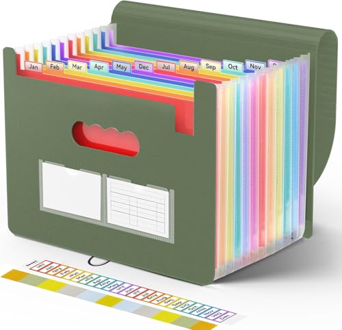 Sooez Accordion File Organizer, 13 Pockets Expanding File Folders, Portable Monthly Paper Bill Tax Receipt Organizer, Letter A4 Size Document Holder with Blank Labels