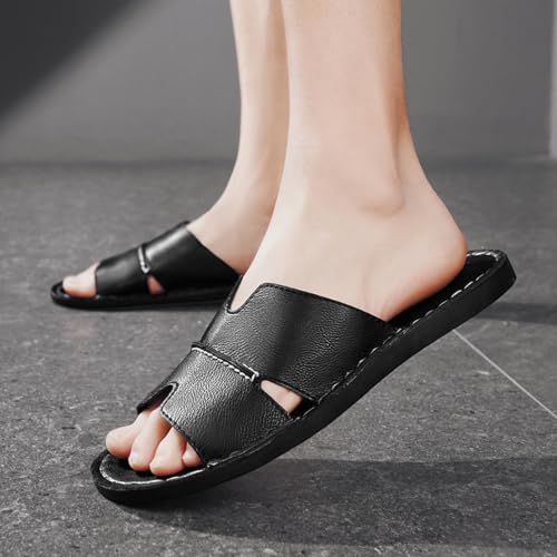 Image of Men's Leather Cutout Slides Sandals Comfortable Lightweight Open Toe Anti-Slip Soft Bottom Slip On Slippers Summer Outdoor Casual Beach Sandals
