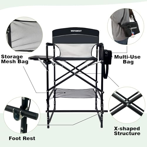 WKFAMOUT Tall Folding Director Chair 30.7\" Seat Height Foldable Bar Stool for Makeup Artist Face Painting with Side Table Carry Bag and Cosmetic Bag Supports 350LBS