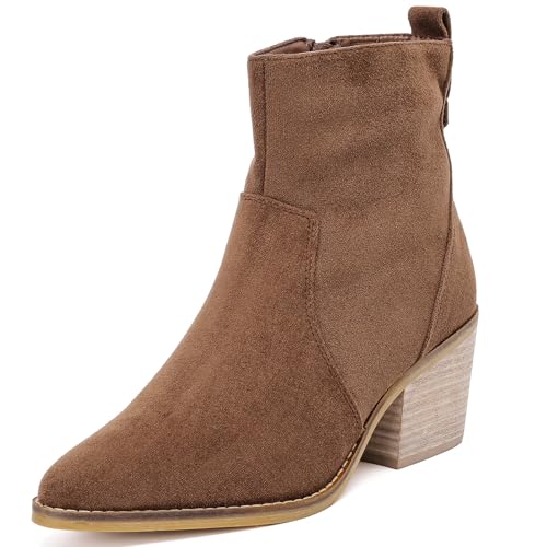 Women's Ankle Boots Low Chunky Heeled Booties Casual Comfortable Fall Winter Pointed Closed Toe Short Boots for Women. 9 Brown Mf 970
