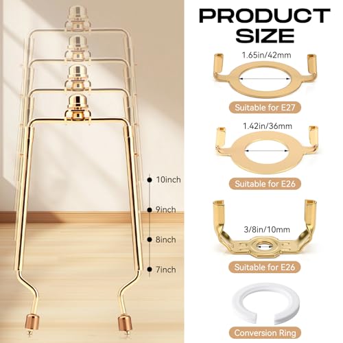 Image of Tujoe 7 8 9 10 Inch Lamp Shade Holder, 3 Sets Lampshade Bracket Kit Adjustable Lampshade Harp Holder Parts Fits Standard Lamp Pole and E14 E26 E27 Adapter Converter Finial Set, Golden Bracket