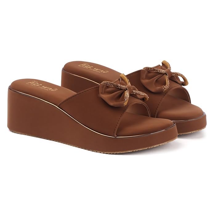 Women's Stylish Wedge Heel Slides Sandals with Bow Design | Comfortable Slip-On Platform Slippers for Casual, Ethnic & Daily Wear | Soft Cushioned Sole-picture-44