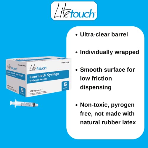 LiteTouch 5mL Luer Lock Syringe, Sterile, Individually Sealed - 100 Syringes per Box (no needle)