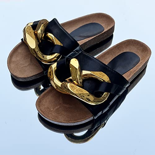 Powerpurlife Women's Outdoor Sandals Big Metal Chain Mules Open Toe Flat Slippers.（B Big Black 40） #TOP5
