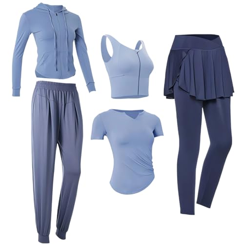 Women'S Yoga Set 5 Pieces – Black Xxl Jacket, Bra, Pants, Skirt, Tee – Moisture Control, Long Sleeve Activewear For All Workouts