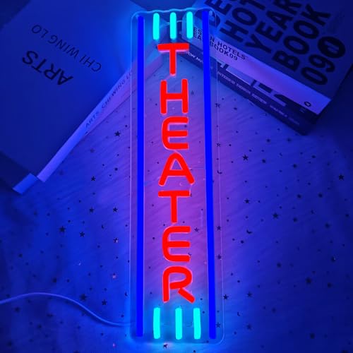 Image of Theater Neon Sign Movie Theater Decor Movie Night Led Sign Home Movie Theater Neon Sign for Wall Decor Home Theater Accessories Neon Light Up Sign for Theater Movie Night Party Movie Room Film Room