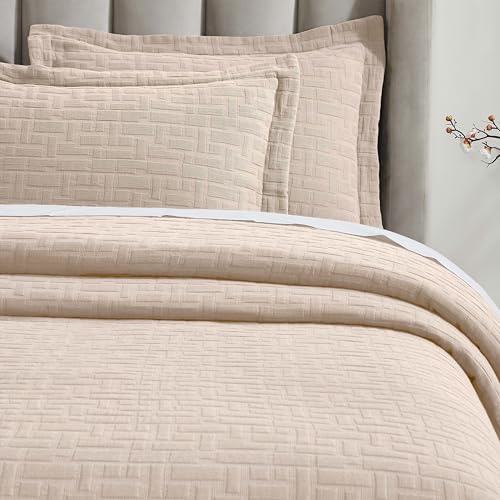 Superior 3 Piece Cotton Bedspread and Sham Set, Home Bed Decor, Decorative Bed Spread, 2 Pillow Shams, Medium Weight, Geometric Matelasse Coverlet, Bedding Essentials, Madrid Collection, Full, Beige
