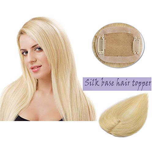 Silk Base Real Human Hair Topper for Women Top Hairpiece Clips in Crown Hand Made Toupee Replacement Extentions for Hair Loss Thinning Hair Cover Gray Hair #613 Bleach Blonde 10"