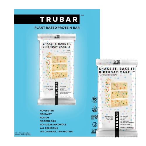 Image of TRUBAR Vegan Protein Bar, Shake it Bake it Birthday Cake it, Gluten Free, Plant Based Protein, Dairy Free, Non GMO, Soy Free, No Sugar Alcohols, 12G Protein, 12G Fiber, 23G Carb, Snack Bars, 12ct