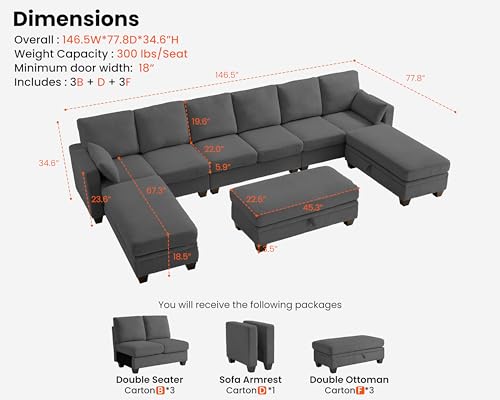 Image of CHIC HOUSE Modular Sectional Couch| Corduroy L Shaped Sleeper Sofa, U-Shape Sofa Bed Convertible Chaise with Storage Ottoman for Living Room Modern Furniture (Dark Grey, 12 Seater Sleeper)