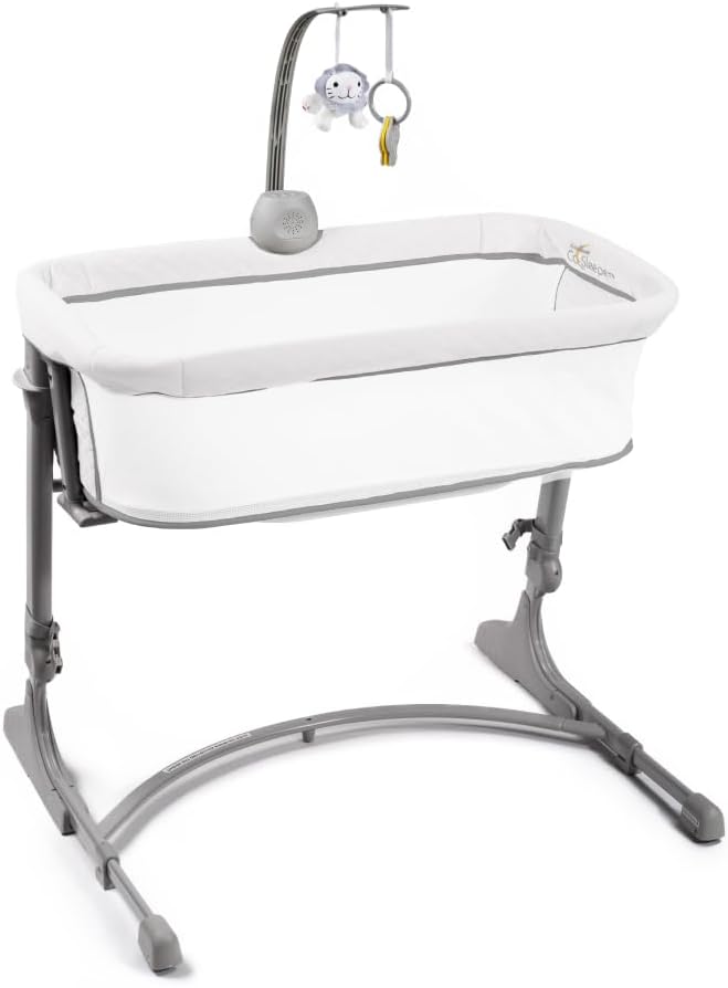 Arm’s Reach Versatile Co-Sleeper Bedside Bassinet Featuring Height-Adjustable Legs with Adjustable Feet, Mobile with Plush Hanging Toy, and Music Box with 5 Tunes, Ivory/Gray w/Quilting