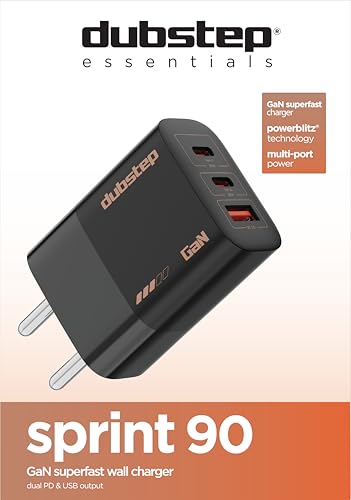 Image of Dubstep Sprint 90W GaN Triple Port Charger | 65W + 25W Type-C PD + USB-A QC 3.0 | PowerBlitz Technology | Charge 3 Devices Simultaneously | for MacBook, iPhone, Samsung, OnePlus (Black)
