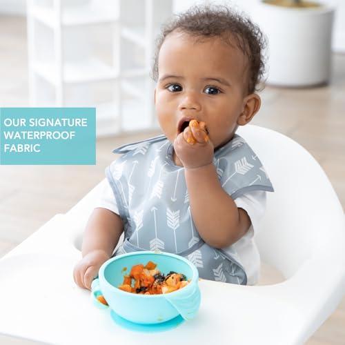 Bumkins Bibs for Girl or Boy, SuperBib Baby and Toddler for 6-24 Mos, Essential Must Have for Eating, Feeding, Baby Led Weaning Supplies, Mess Saving Catch Food, Waterproof Soft Fabric, Gray Arrows3