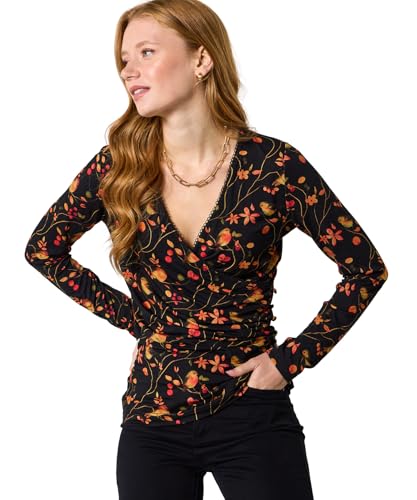 Joe Browns Women's Robin Print Jersey Wrap Top Blouse, Black, 16