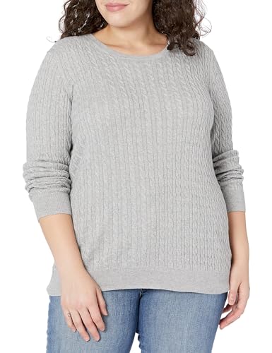 Amazon Essentials Women's Lightweight Long-Sleeve Cable Crewneck Sweater (Available in Plus Size), Light Grey Heather, Small